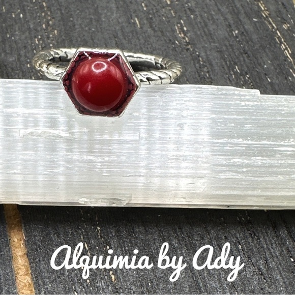 Alquimia Red and Silver Hexagonal Gem Ring coral - Picture 1 of 3